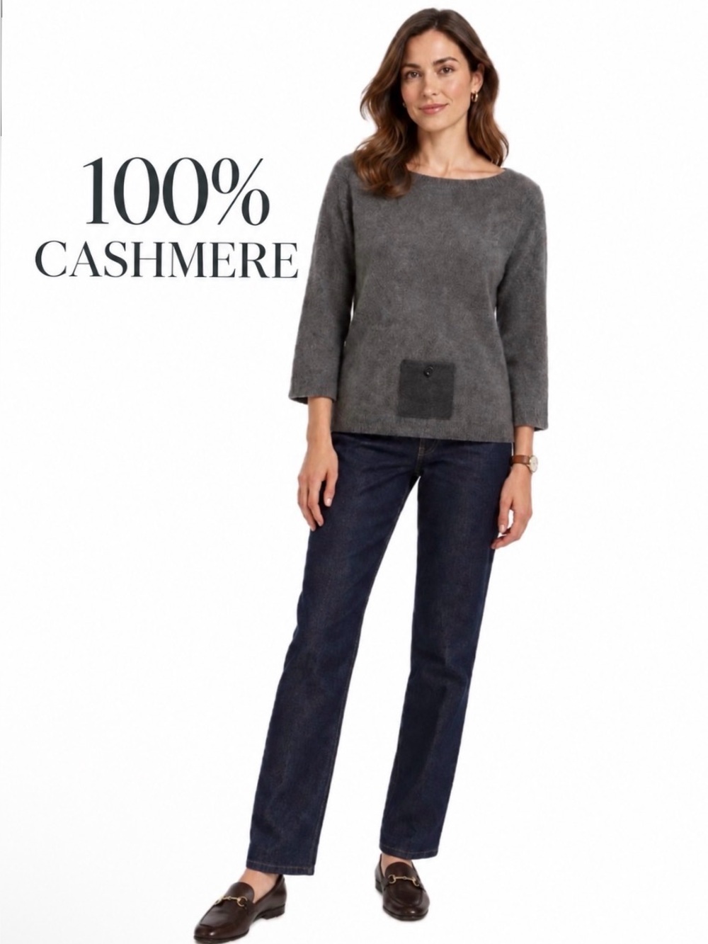 Evelyn Grace , 100% Cashmere Gray Sweater with Charcoal Pocket, Size L